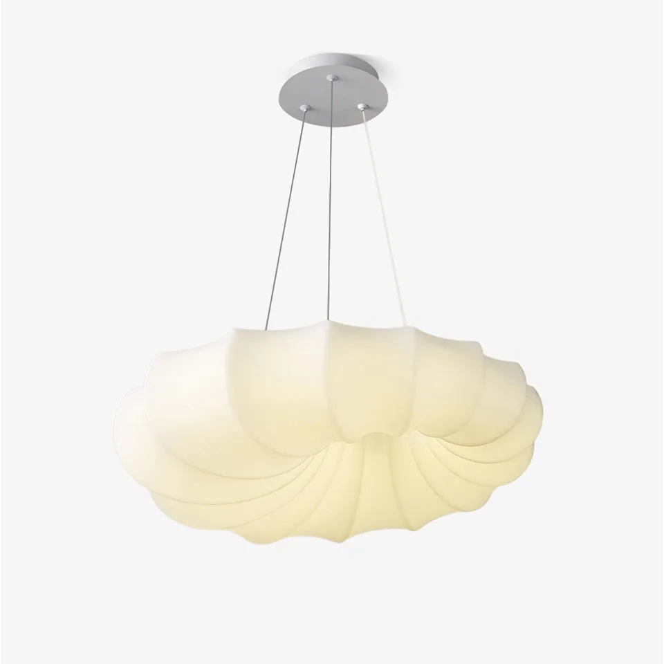 Handcrafted fabric pendant light white cloud shade – front view in modern apartment