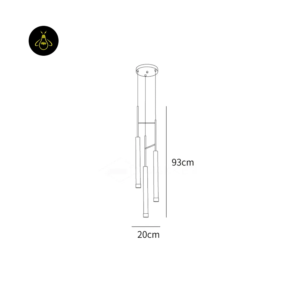 Gold Cylinder Pendant Light – 3-Light LED Cluster, 93 cm 6 Gold cylinder pendant light dimensions – 3-rod cluster, 20 cm canopy and 93 cm drop