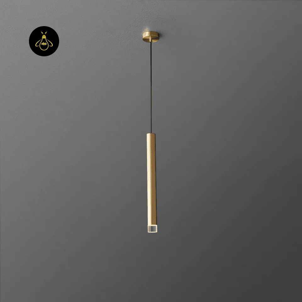 Gold Cylinder Pendant Light – 3-Light LED Cluster, 93 cm 9 Single gold cylinder pendant light rod with integrated LED for bedside or island