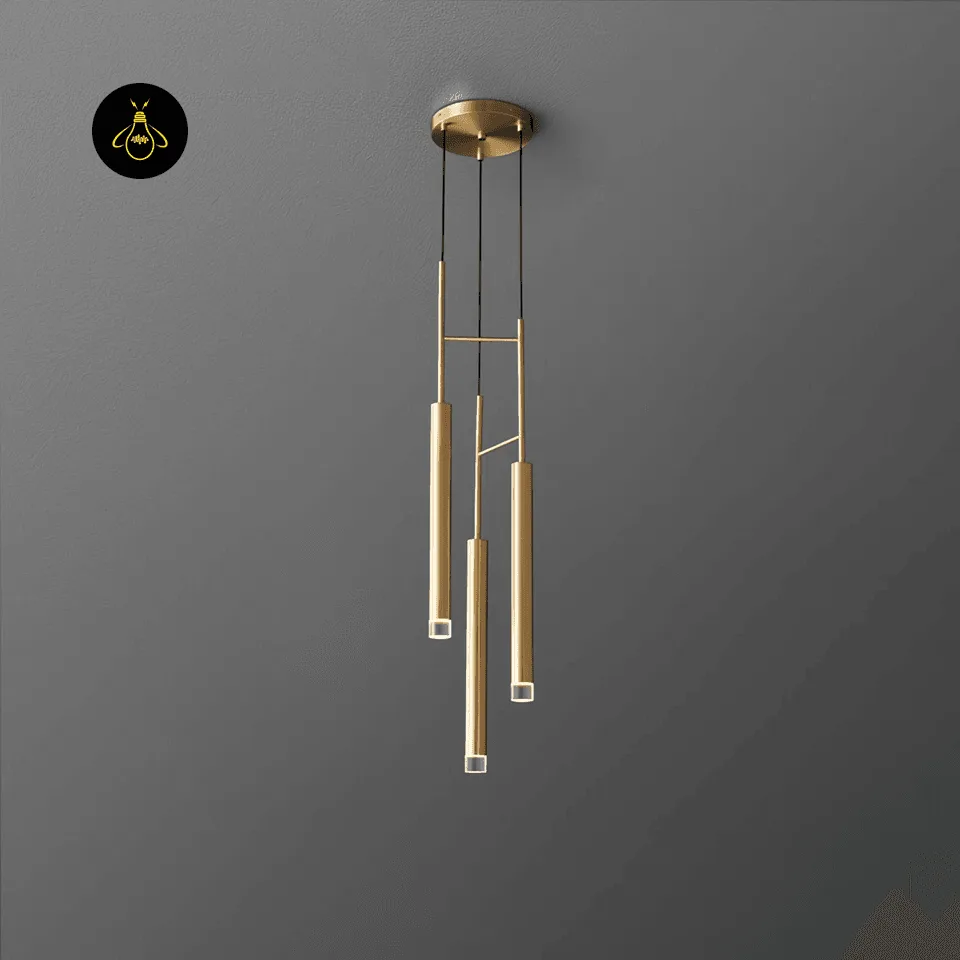 Gold Cylinder Pendant Light – 3-Light LED Cluster, 93 cm 7 Gold cylinder pendant light – 3-rod LED cluster in a living room