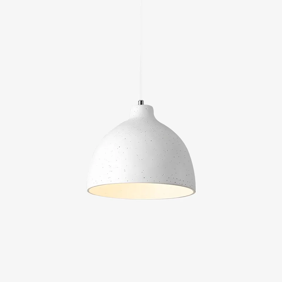 White resin pendant light with a speckled dome shade