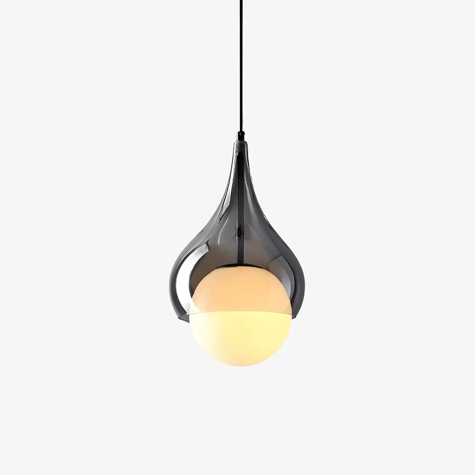 Smoked glass teardrop pendant light with a warm opal glass globe for the living room