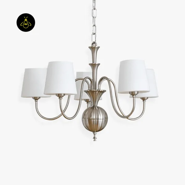 White fabric chandelier with a brushed-nickel finish frame