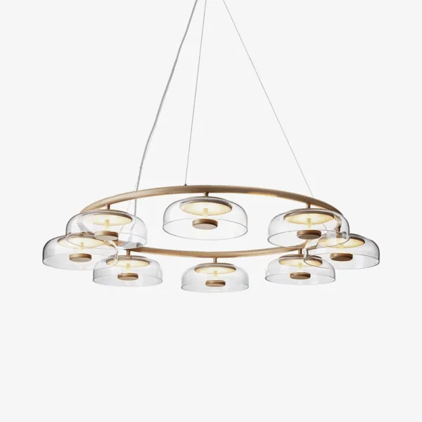 Glass dome chandelier with 8 brass-ring lights and clear borosilicate glass domes