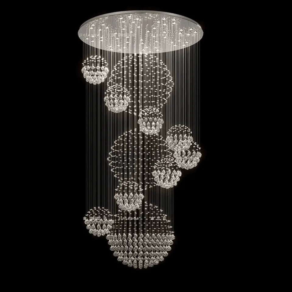 Spiral Raindrop Chandelier – Luxury Crystal Staircase & Foyer Light 3 Close-up of K9 crystal balls and raindrop crystals on a spiral crystal chandelier