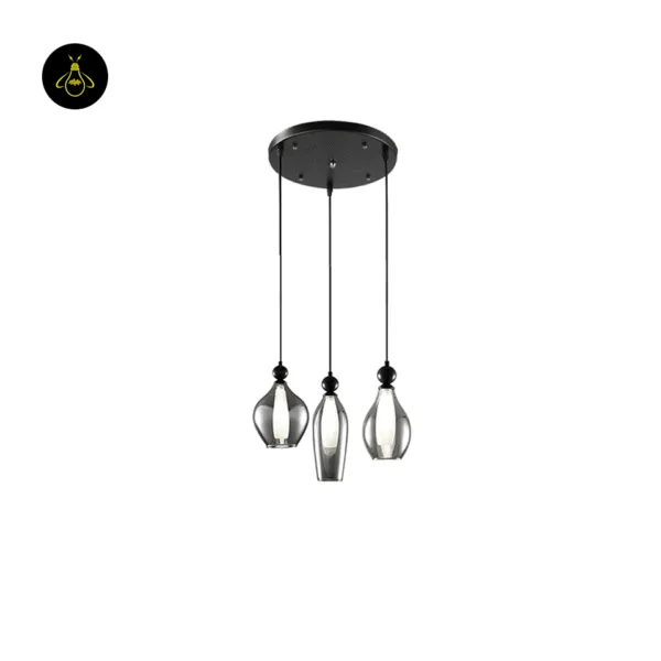 Black smoked glass pendant light cluster, three teardrop shades on a round 30 cm stainless steel canopy