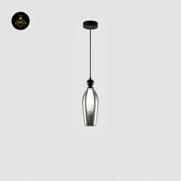 Tall slim black smoked glass pendant light, Ø 12 cm teardrop shade on a black ceiling canopy