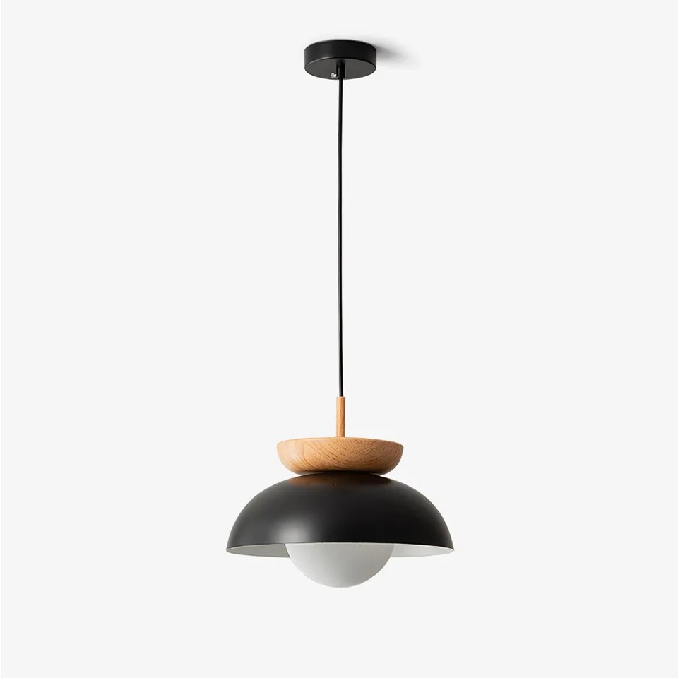 Wood dome pendant light with matte black shade and opal glass globe for bedside and dining
