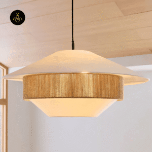 Japanese pendant light close-up showing linen tiers and natural hemp rope weave