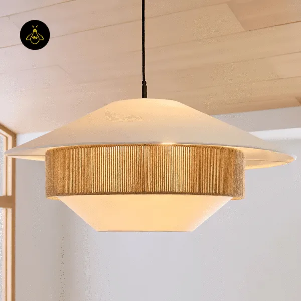 Japanese pendant light lit under a pale wood ceiling, showing the hand-wound hemp rope band between linen tiers