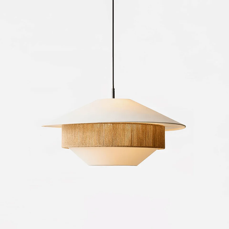 Japanese pendant light with cream linen shade and woven hemp rope band, 60 cm