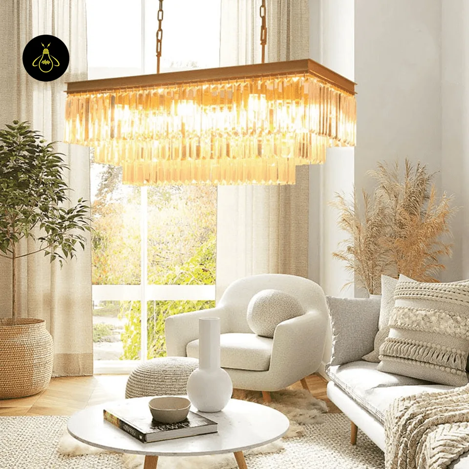Rectangular Crystal Chandelier – Satin Gold 2-Tier Eternal Shine 12 Eternal Shine round crystal chandelier in satin gold with two crystal tiers