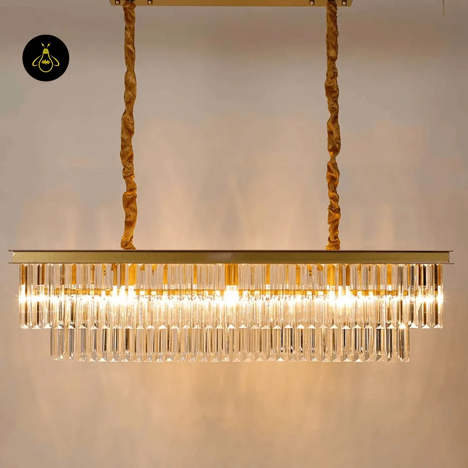 Rectangular Crystal Chandelier – Satin Gold 2-Tier Eternal Shine 15 Satin gold Eternal Shine crystal chandelier studio view