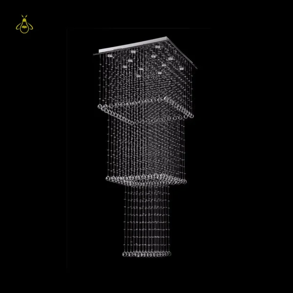Rectangular K9 crystal raindrop chandelier with cascading crystal-ball strands for a staircase
