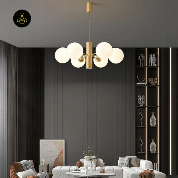 JagMag Lights branding on the modern brass globe chandelier