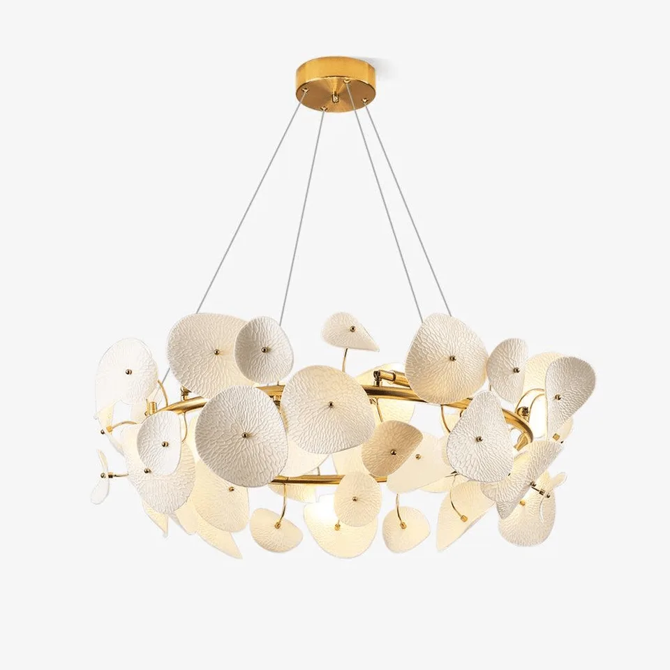 Lotus chandelier with white ceramic petals and a gold ring for a living room