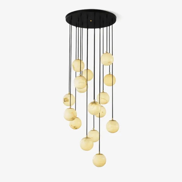 Alabaster ball chandelier with glowing natural-stone orbs cascading against a dark backdrop