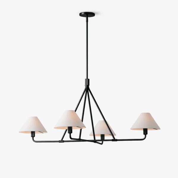 White fabric chandelier with black angular frame and four shades on a dark backdrop