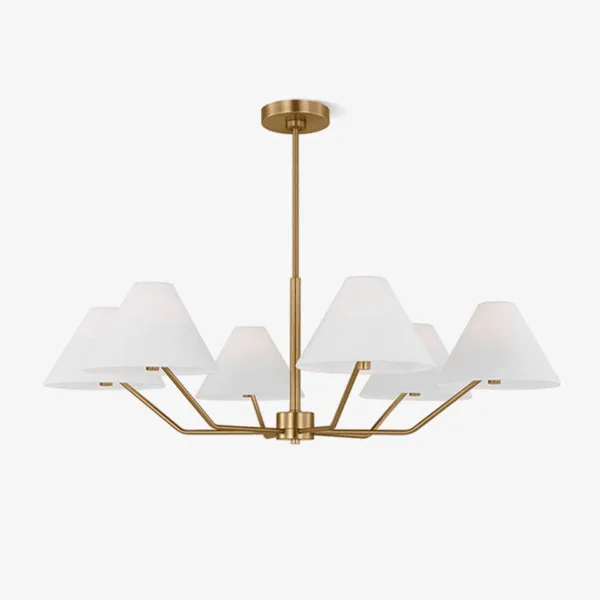 Modern fabric chandelier with 6 white shades and brass frame on a dark background