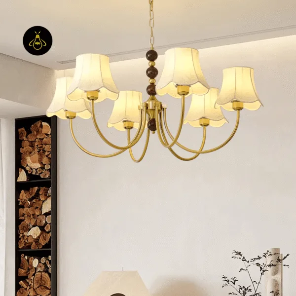 Fabric shade chandelier lighting a living room with a warm, soft, glare-free glow