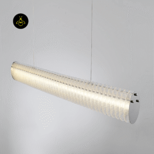 Linear LED chandelier lighting a contemporary living and dining room