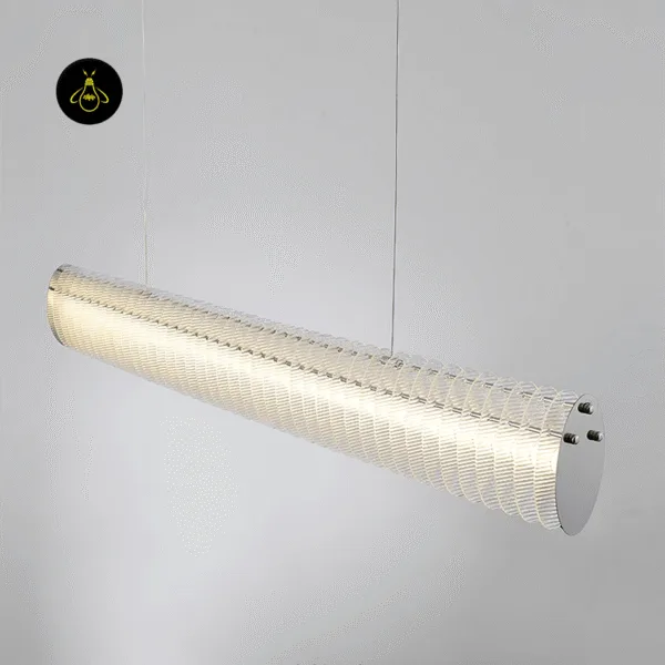 Linear LED chandelier lighting a contemporary living and dining room