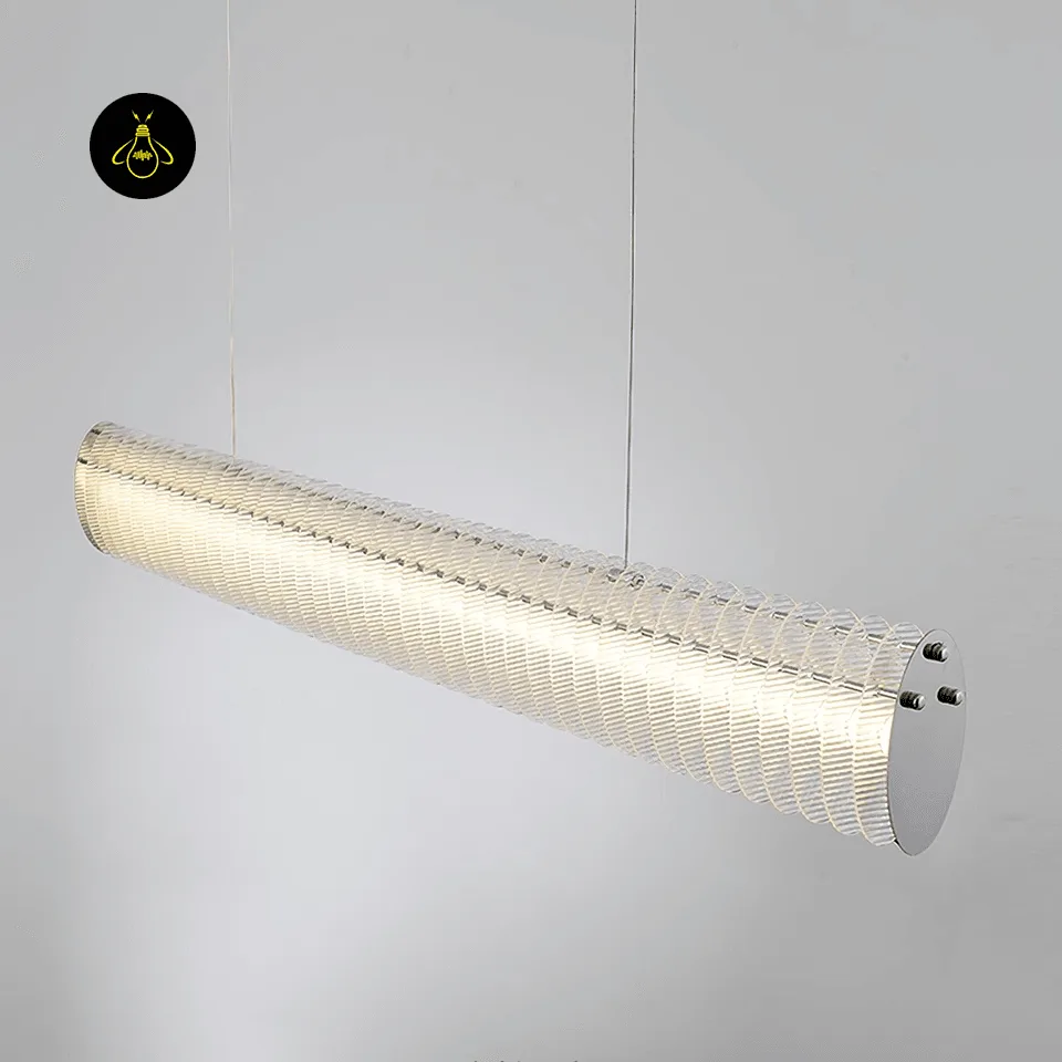 Acrylic Chandelier – Chrome 120 cm Linear Dining Light 7 Linear LED chandelier lighting a contemporary living and dining room