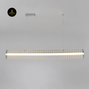 Chrome linear LED chandelier showing cascading acrylic discs against a dark backdrop