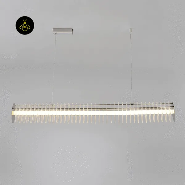 Chrome linear LED chandelier showing cascading acrylic discs against a dark backdrop