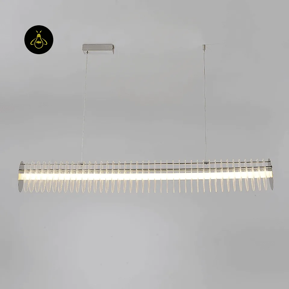 Acrylic Chandelier – Chrome 120 cm Linear Dining Light 2 Chrome linear LED chandelier showing cascading acrylic discs against a dark backdrop
