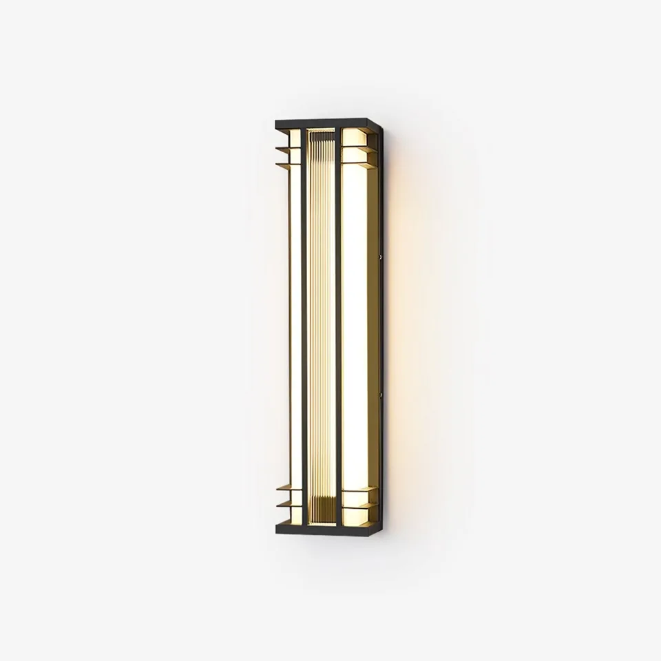 Outdoor wall sconce in matte black with brass-tone bars and a fluted diffuser, front view