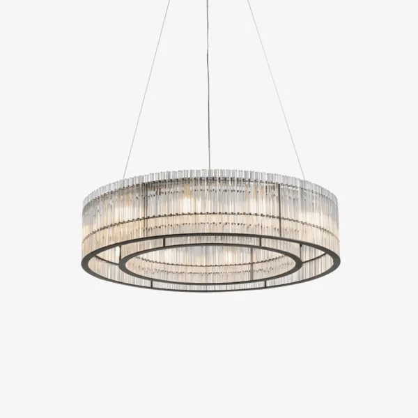 Modern ring chandelier with a black drum of clear acrylic rods, studio view