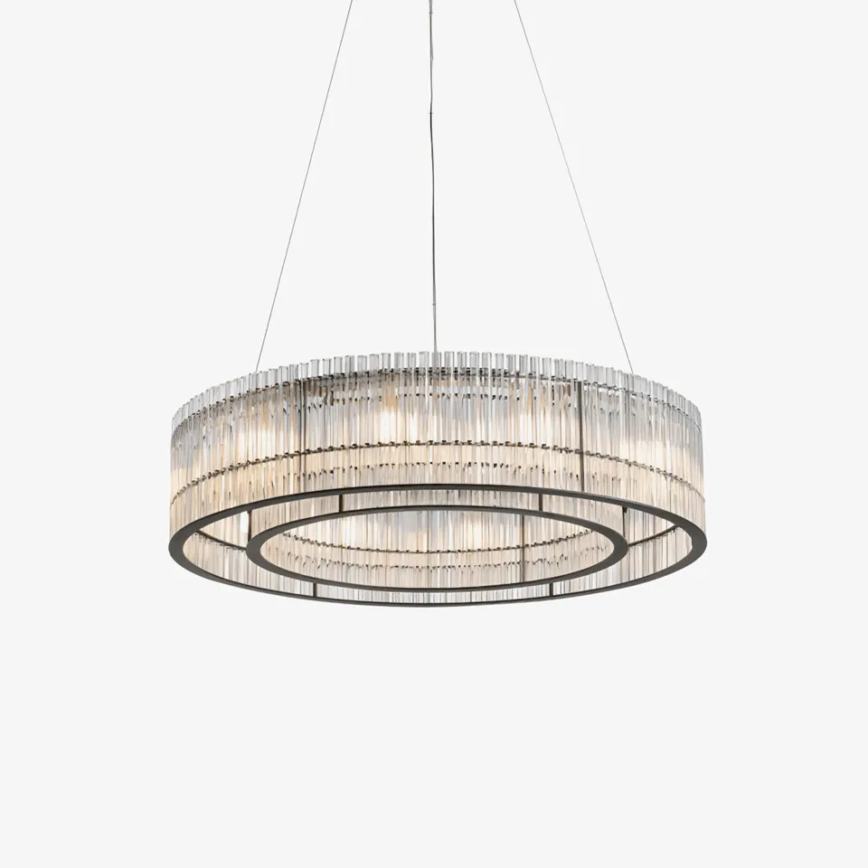 Modern ring chandelier with a black drum of clear acrylic rods, studio view