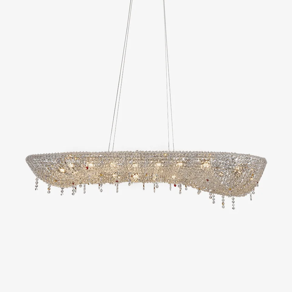 Crystal chandelier for dining room - 165 cm linear chandelier with chrome finish and clear crystal beads