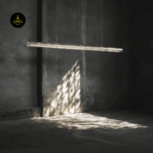 Segmented glass linear chandelier with chrome bar suspended in a dark contemporary interior
