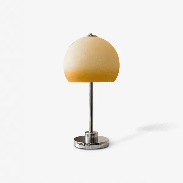 Retro mushroom table lamp with chrome base and warm amber borosilicate glass dome for a bedside