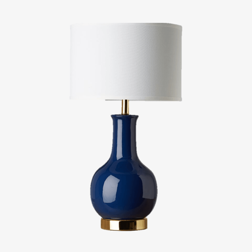 Royal blue ceramic table lamp with glazed gourd base and white shade