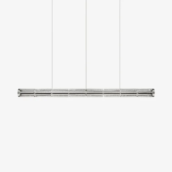 Linear LED chandelier with segmented clear borosilicate glass and chrome finish for a dining table