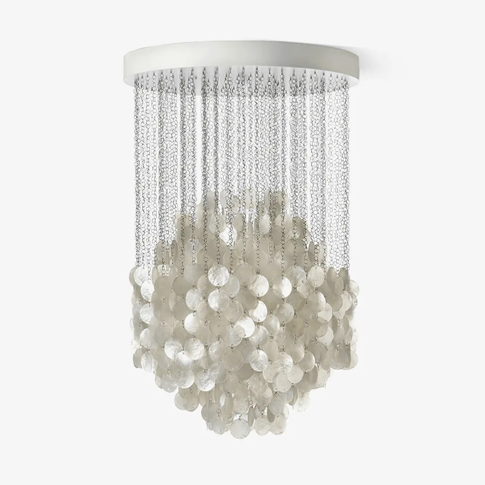 Capiz shell chandelier with iridescent white shells and chrome cascade chains