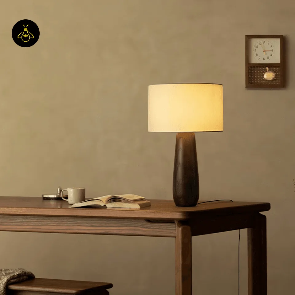 Wooden Table Lamp with Linen Shade – Sierra 50 cm Bedside Lamp 3 Wooden table lamp with linen shade in walnut tone on a study desk