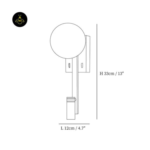 Dimension drawing of the wall mounted study lamp: 33 cm tall, 12 cm