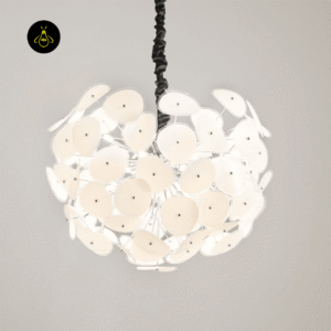 White glass petal globe chandelier in an 8-light modern cluster design