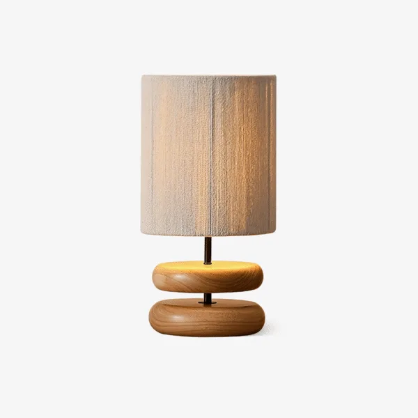 Wabi sabi table lamp with hemp rope shade and stacked natural-wood base