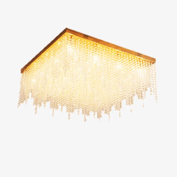 Rectangular crystal chandelier for a dining room with cascading high-density crystals and gold frame