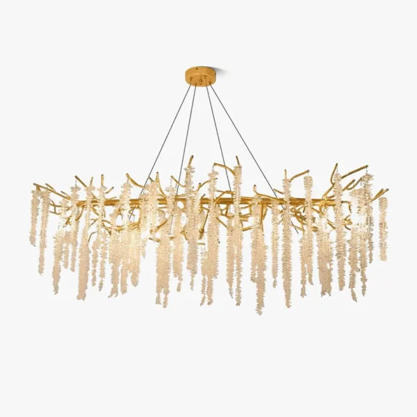Wisteria chandelier with cascading clear crystal strands on a gold branch frame