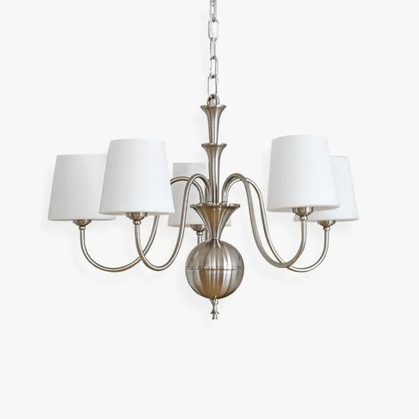 White fabric chandelier with five empire shades on a brushed-nickel shabby-chic frame