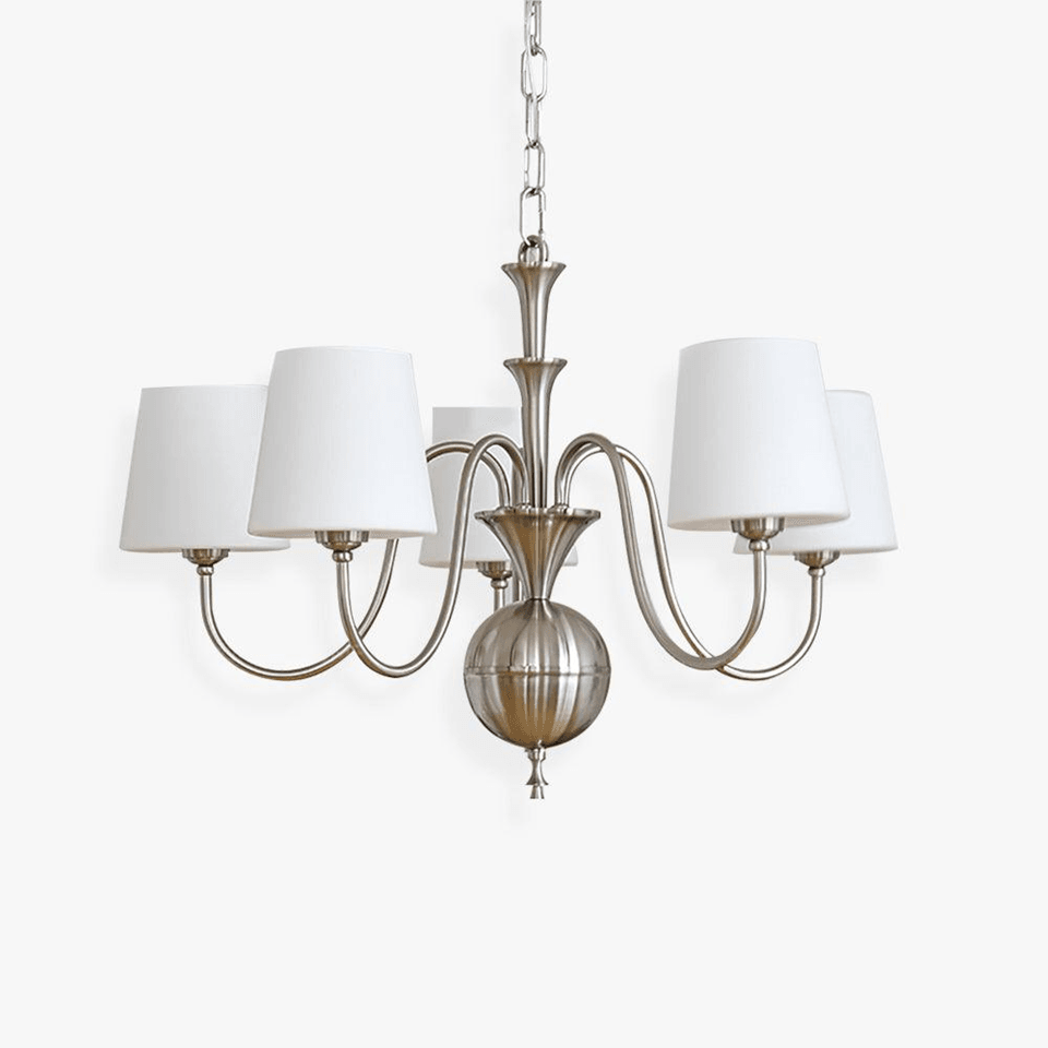 White fabric chandelier with five empire shades on a brushed-nickel shabby-chic frame