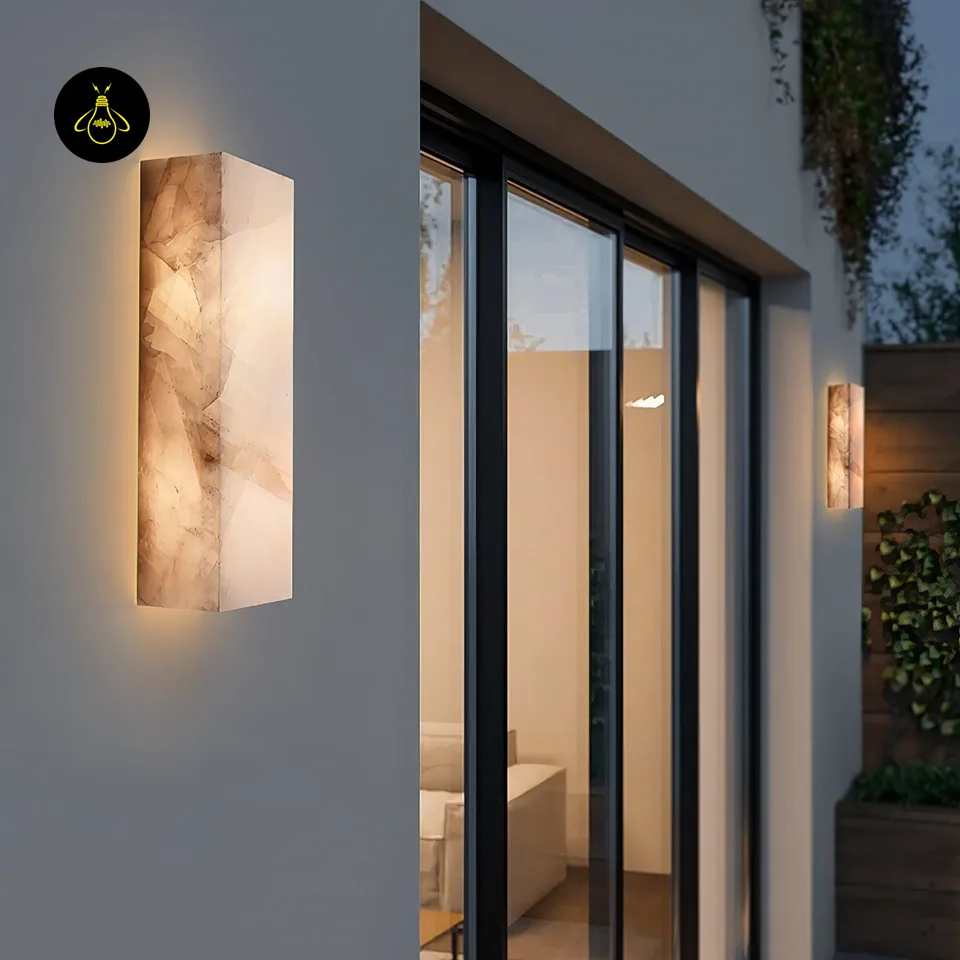 Alabaster Outdoor Wall Light – 65 cm IP65 Stone Sconce 5 Alabaster outdoor wall light beside a glass entrance with warm welcoming glow