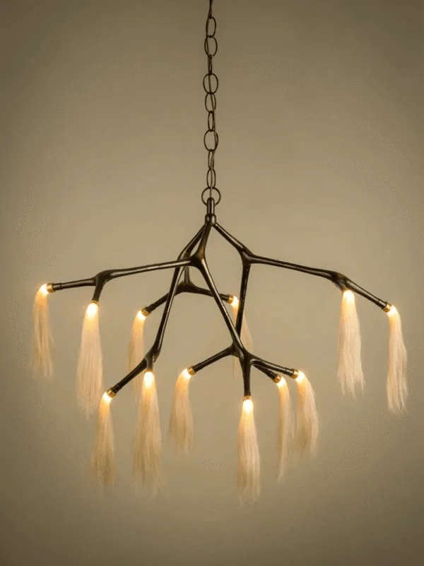 Modern bronze horsehair chandelier with warm LED tips for living and dining rooms