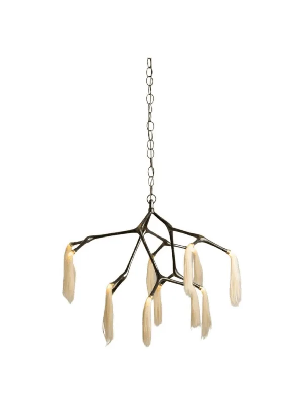 Bronze branch-form horsehair chandelier showing all 12 arms and horsehair tassels